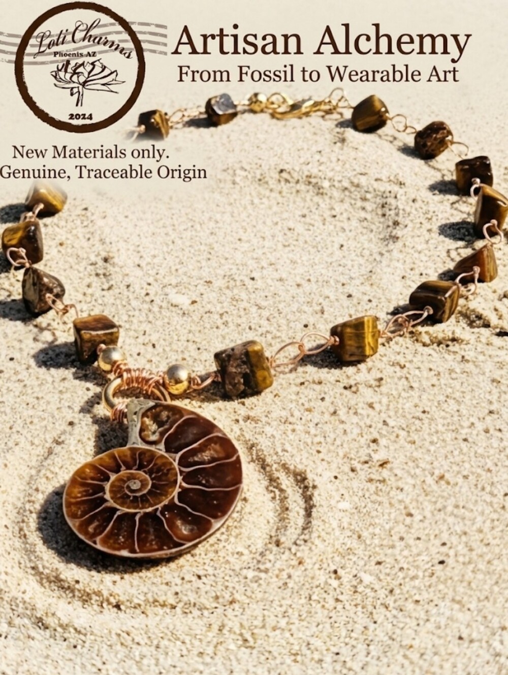Genuine Ammonite Fossil Pendant & Raw Rough Tiger's Eye In Artisan-Made Necklace